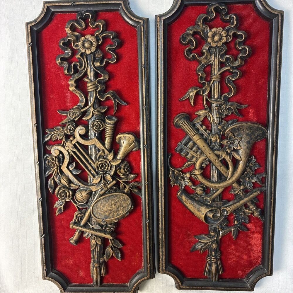 1960s Homco Pair of MUSIC SYROCO & Velvet Felt WALL ART PLAQUES